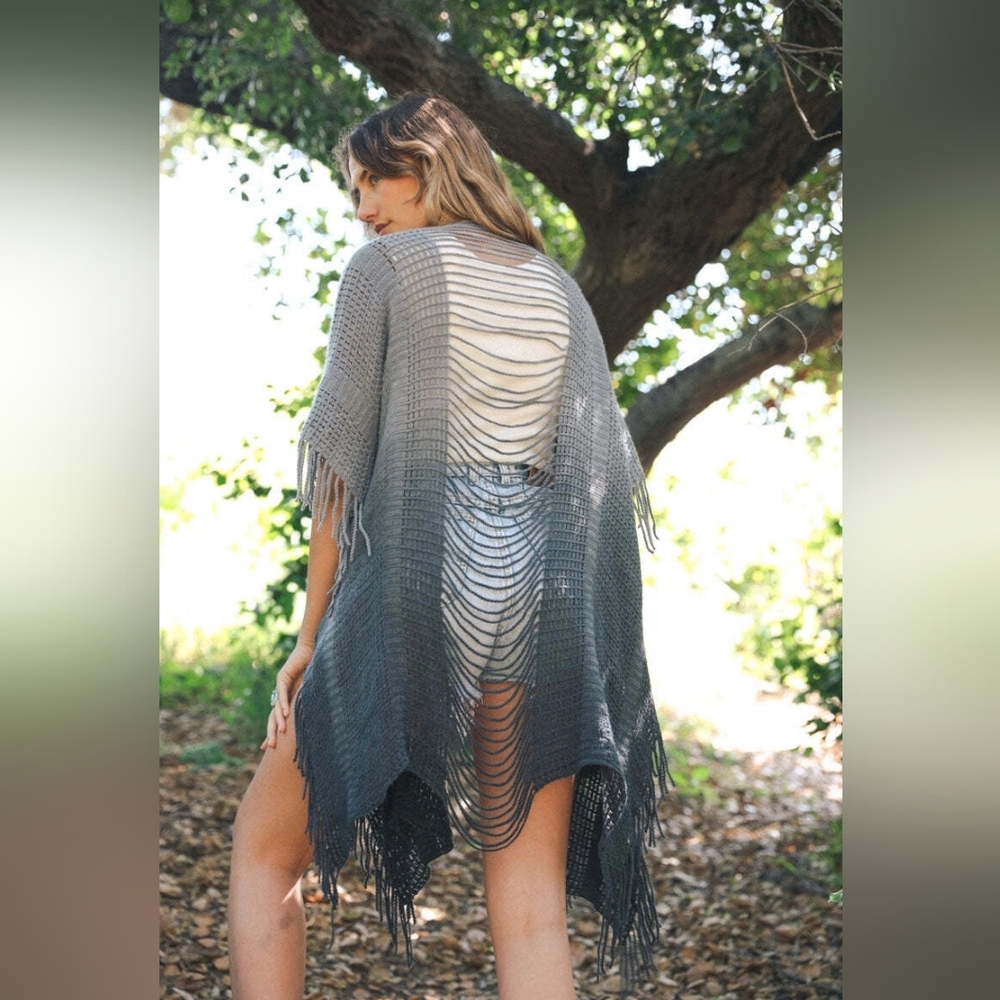 Trendy Gray/Slate Blue "Ombre" Fringe Cardigan Sweater